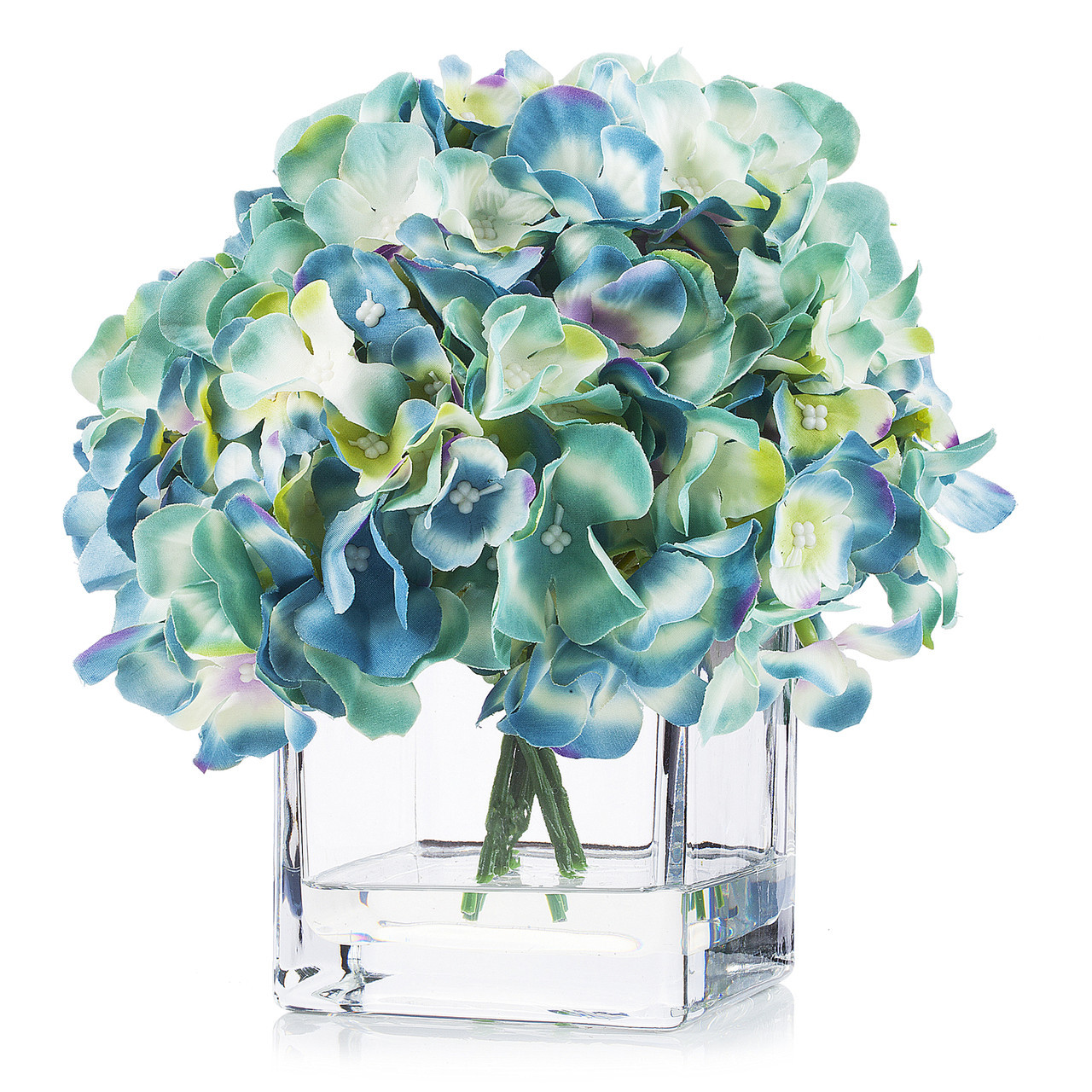 Artificial Silk Hydrangea Flower Arrangement in Cube Glass Vase With Faux Water (New) — Available in 5 Colors