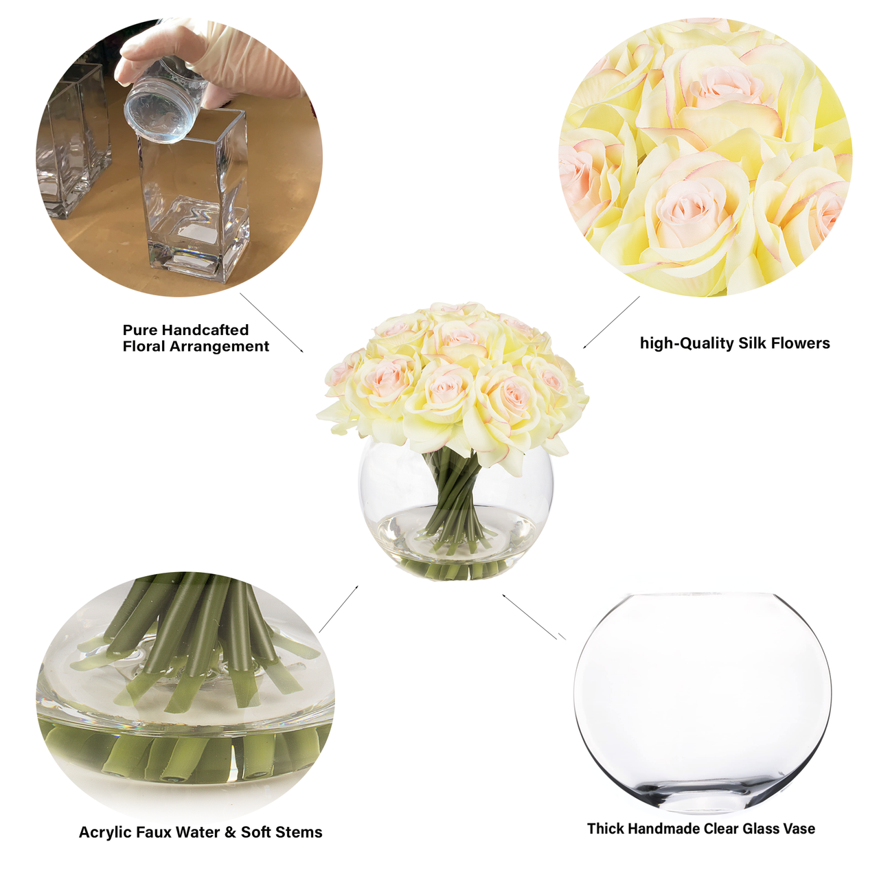 16 Heads Artificial Silk Rose Flowers in Round Glass Vase With Faux Water (New) — Available in 4 Colors