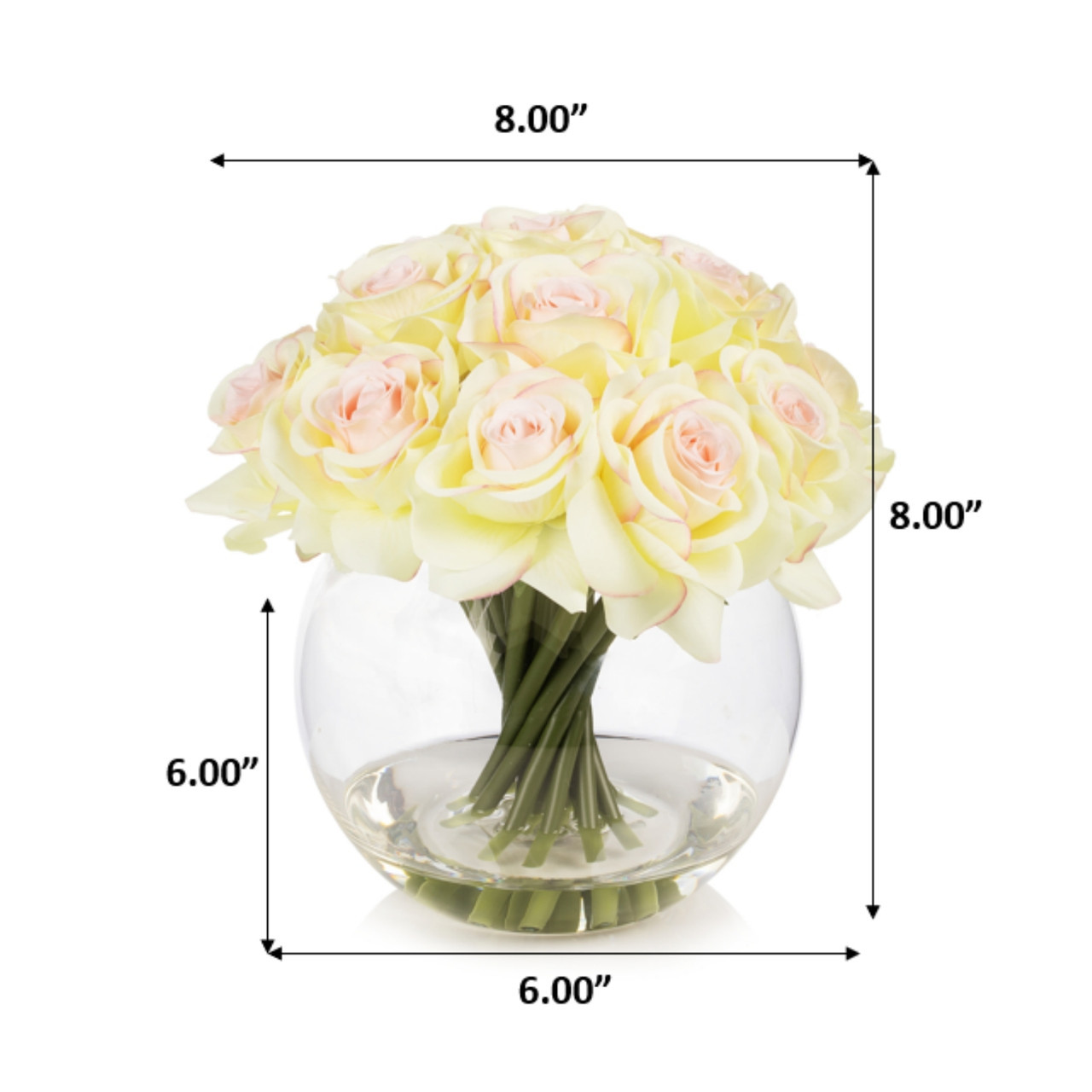 16 Heads Artificial Silk Rose Flowers in Round Glass Vase With Faux Water (New) — Available in 5 Colors