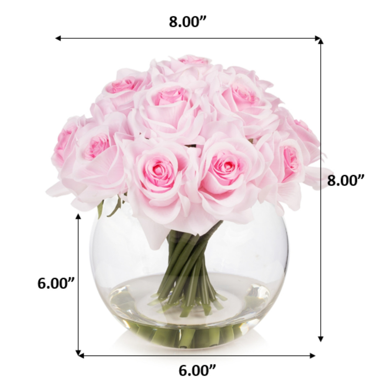 16 Heads Artificial Silk Rose Flowers in Round Glass Vase With Faux Water (New) — Available in 5 Colors