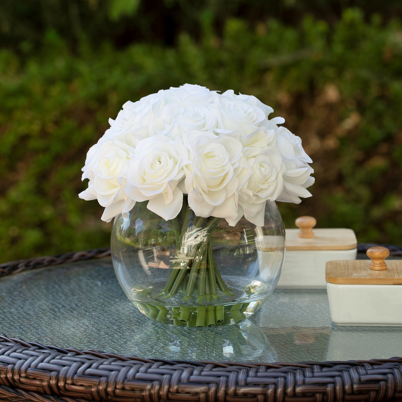 16 Heads Artificial Silk Rose Flowers in Round Glass Vase With Faux Water (New) — Available in 5 Colors