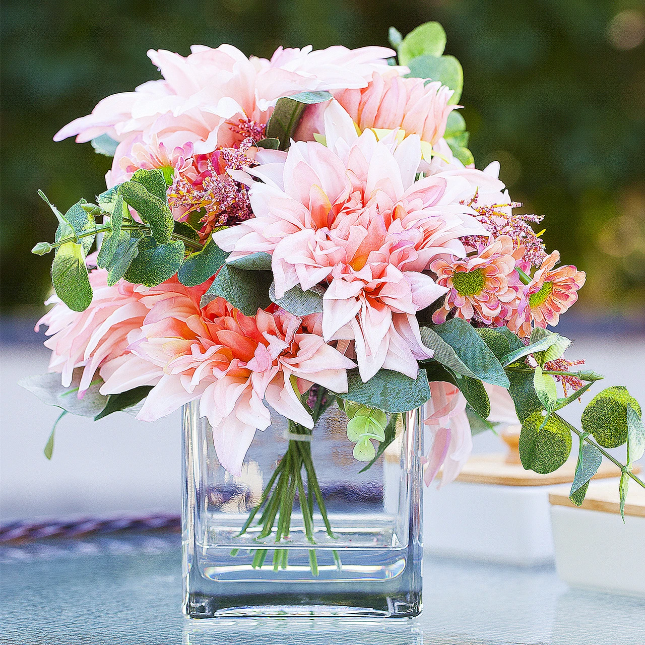 Mixed Artificial Dahlia Flower Arrangement in Cube Glass Vase With Faux Water (New) — Available in 3 Colors