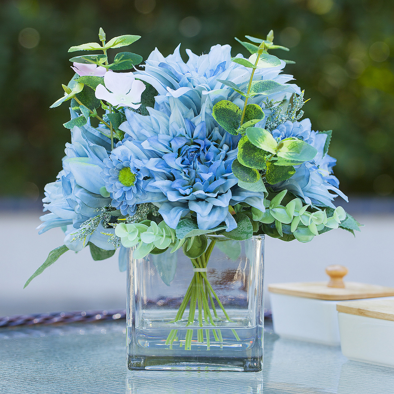 Mixed Artificial Dahlia Flower Arrangement in Cube Glass Vase With Faux Water (New) — Available in 3 Colors