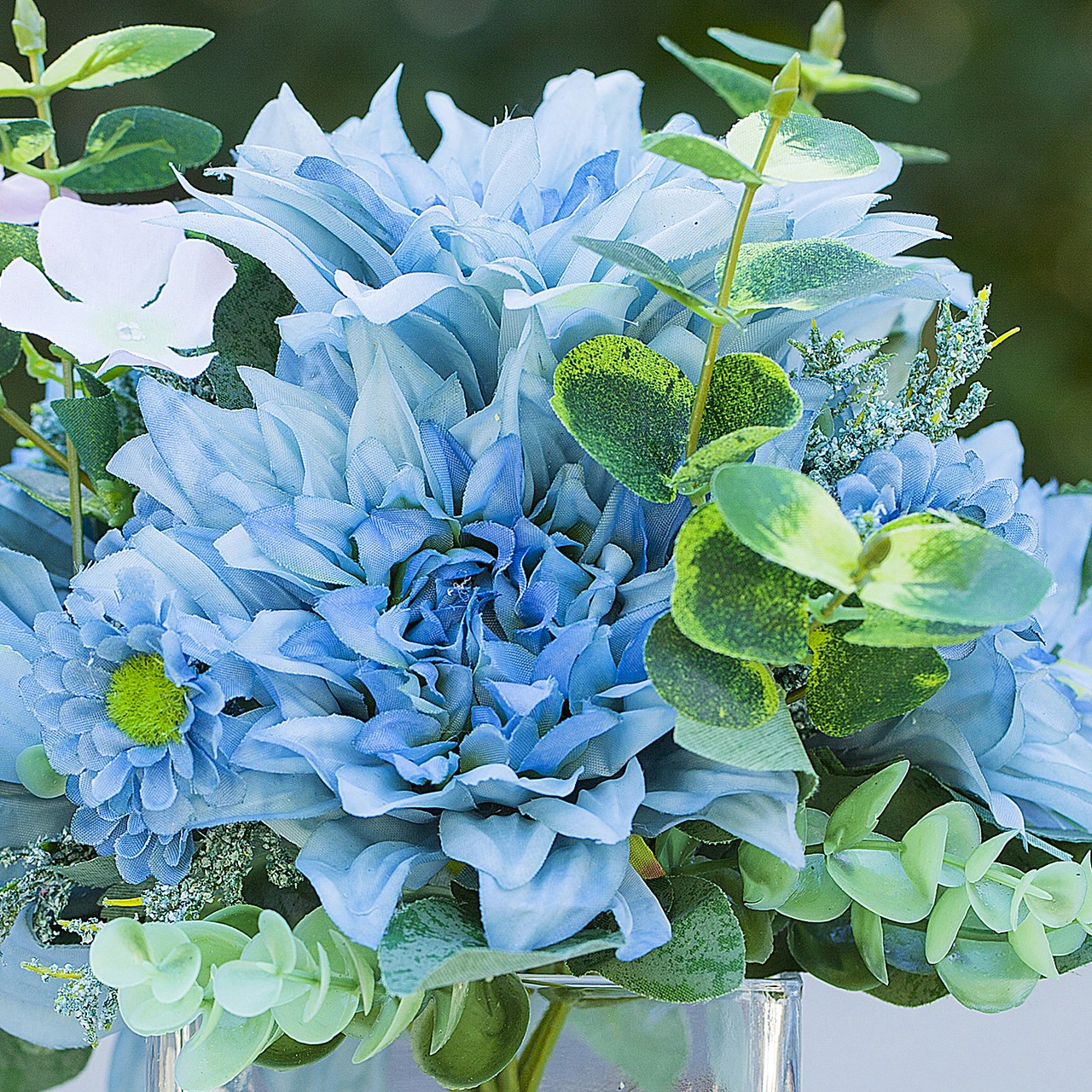 Mixed Artificial Dahlia Flower Arrangement in Cube Glass Vase With Faux Water (New) — Available in 3 Colors