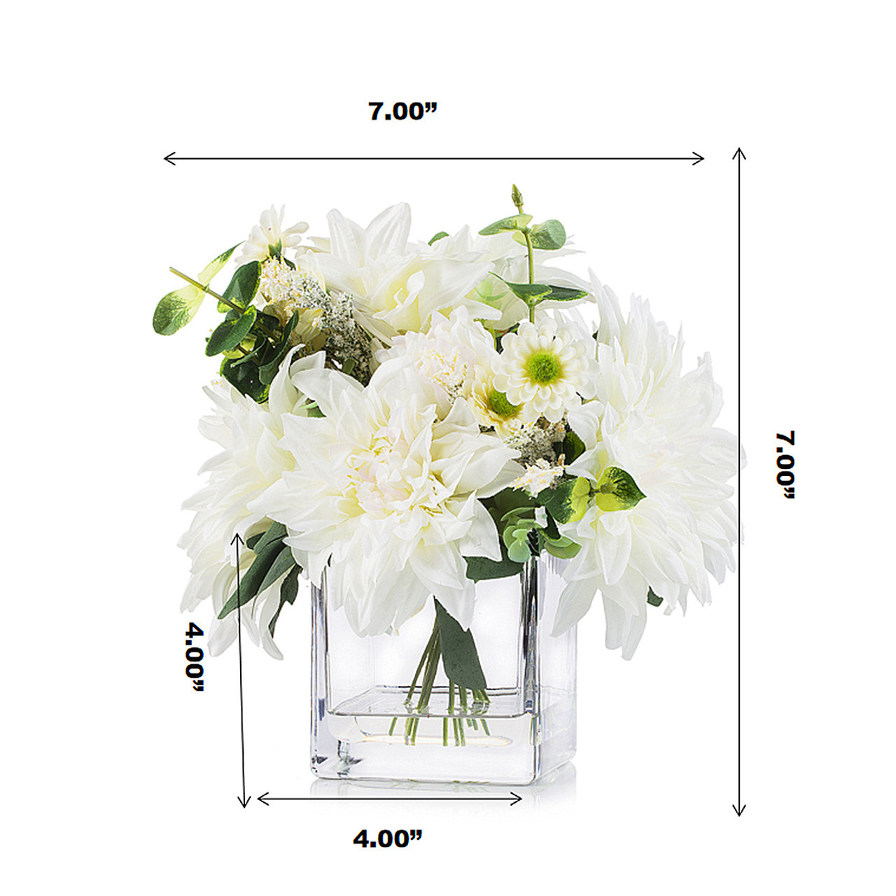 Mixed Artificial Dahlia Flower Arrangement in Cube Glass Vase With Faux Water (New) — Available in 3 Colors
