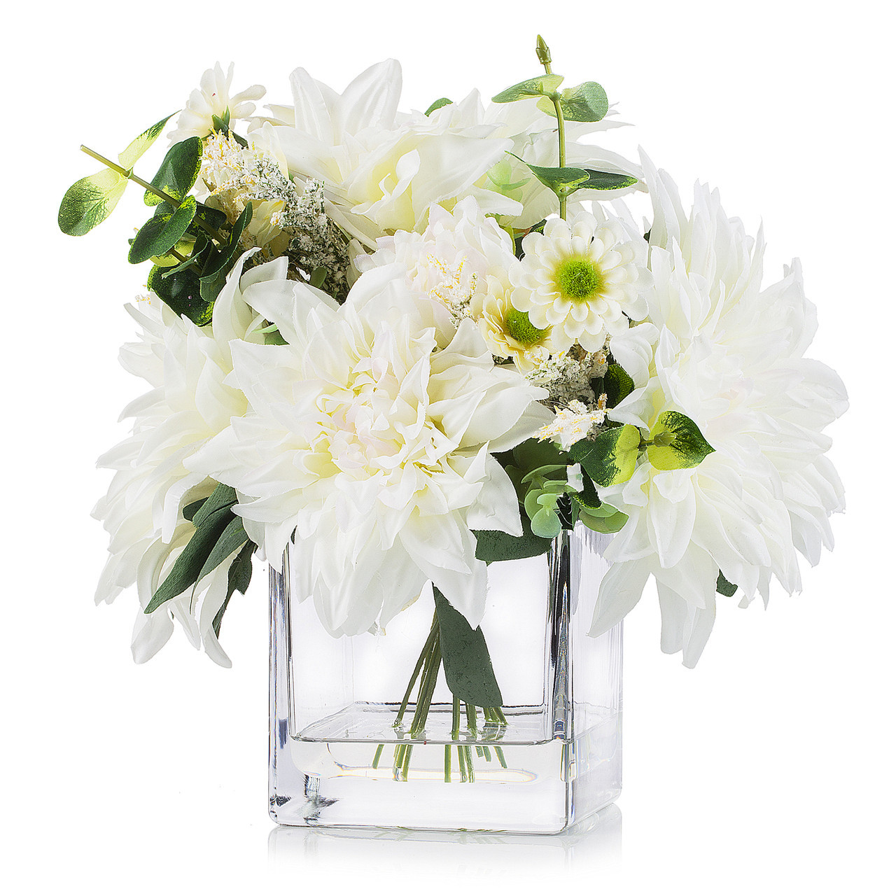 Mixed Artificial Dahlia Flower Arrangement in Cube Glass Vase With Faux Water (New) — Available in 3 Colors