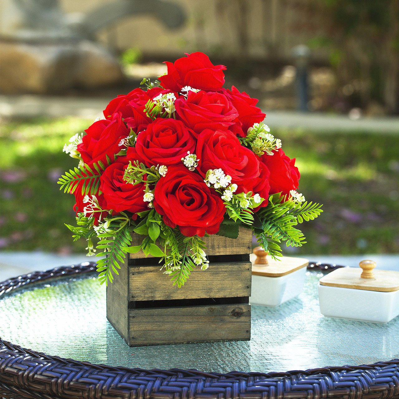 18 Heads Mixed Rose Flower Arrangement With Wood Planter (New) — Available in 4 Colors