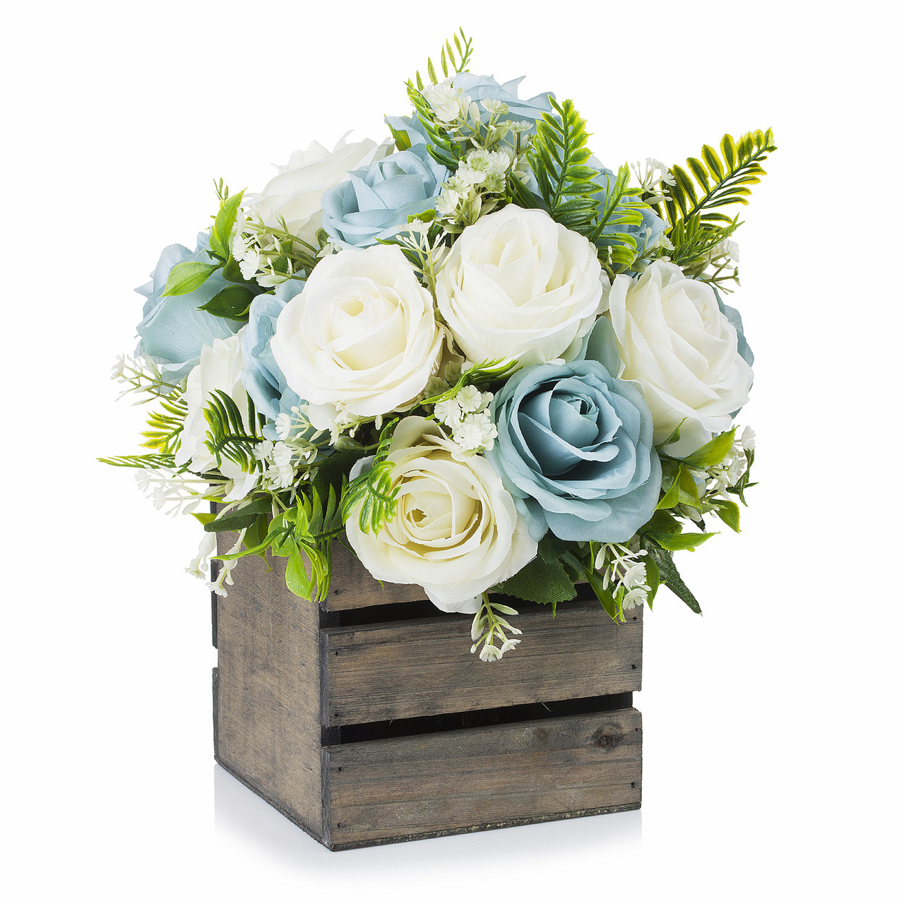 18 Heads Mixed Rose Flower Arrangement With Wood Planter (New) — Available in 4 Colors