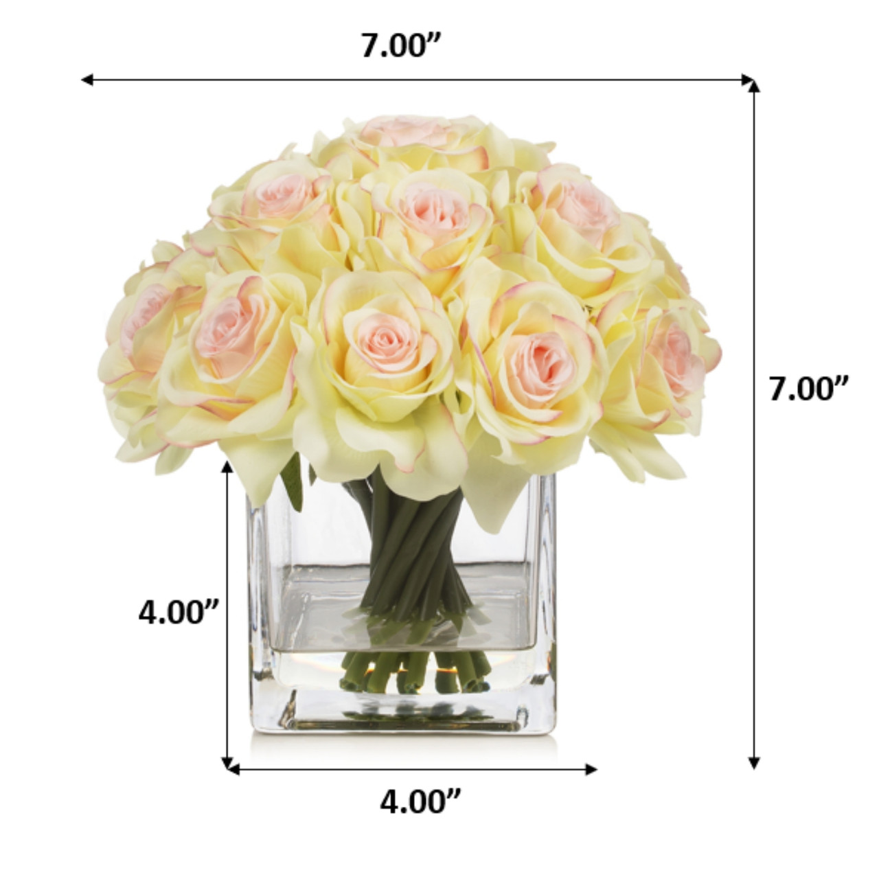 Artificial Silk Rose Flowers in Cube Glass Vase With Faux Water (New) — Available in 5 Colors