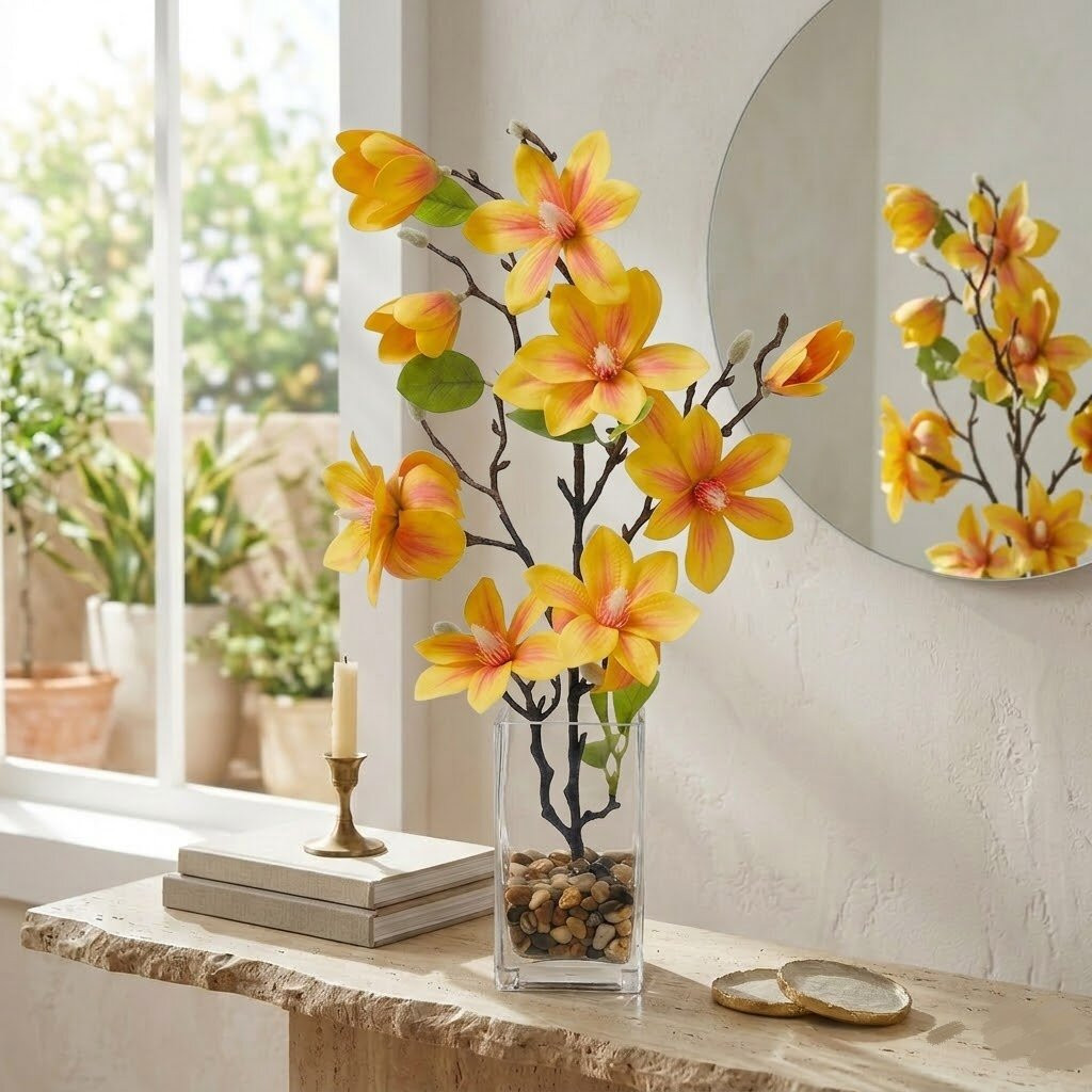 Real Touch Magnolia Flower Arrangement in Glass Vase with Faux Water and River Rock