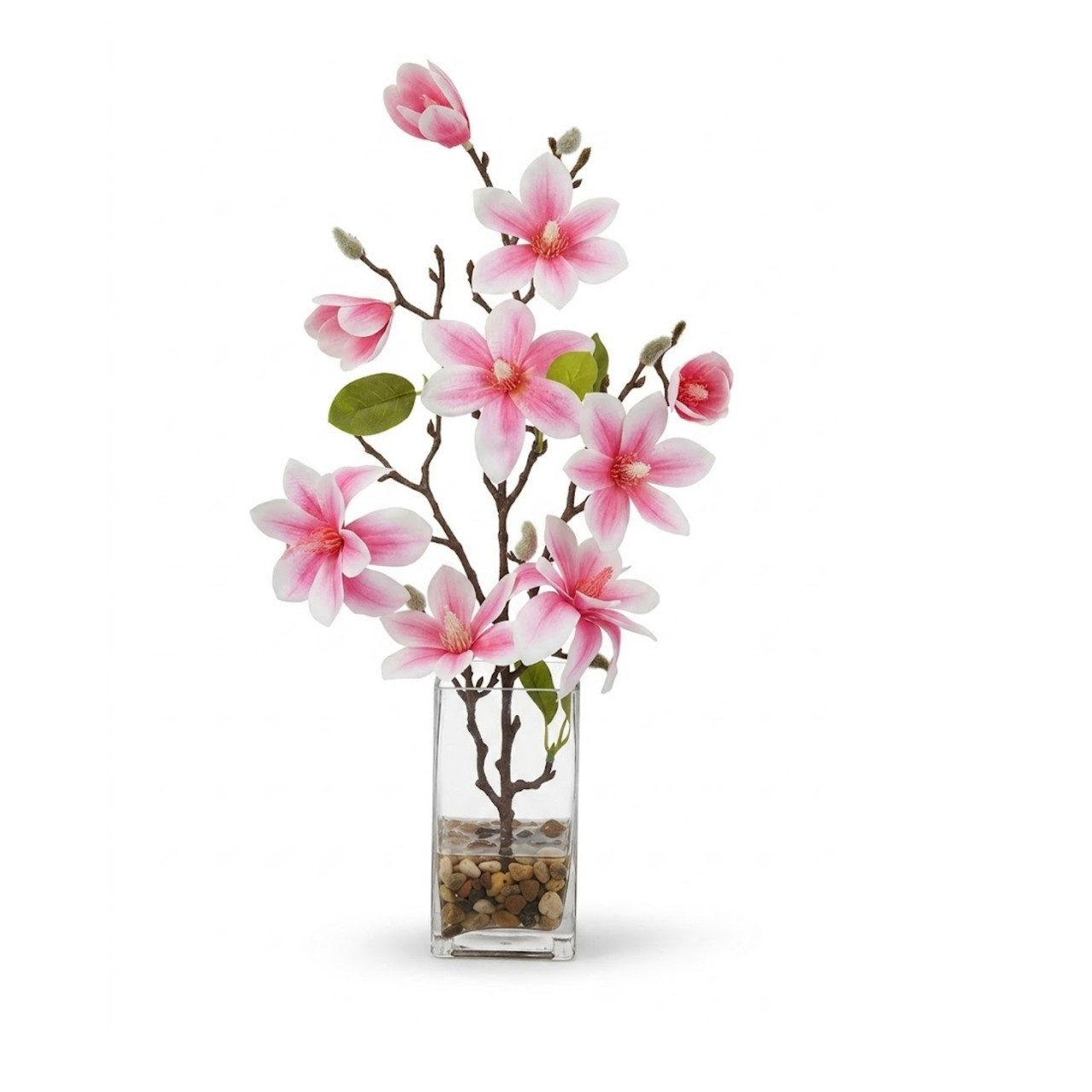 Real Touch Magnolia Flower Arrangement in Glass Vase with Faux Water and River Rock