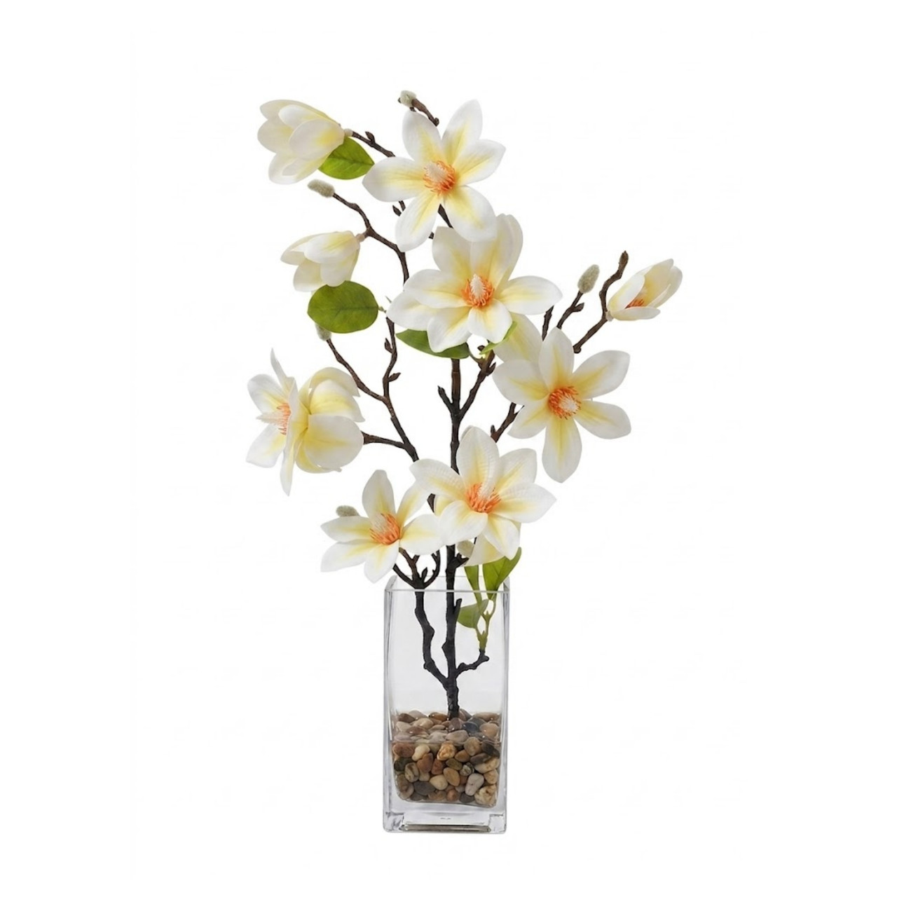 Real Touch Magnolia Flower Arrangement in Glass Vase with Faux Water and River Rock