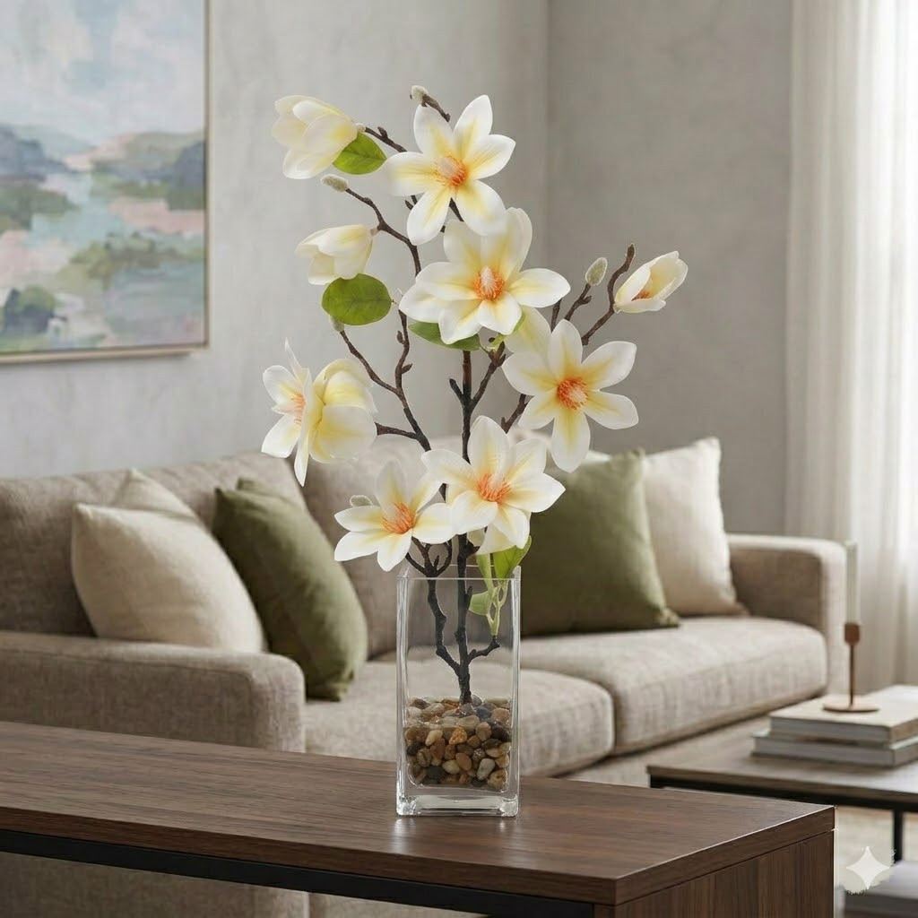 Real Touch Magnolia Flower Arrangement in Glass Vase with Faux Water and River Rock