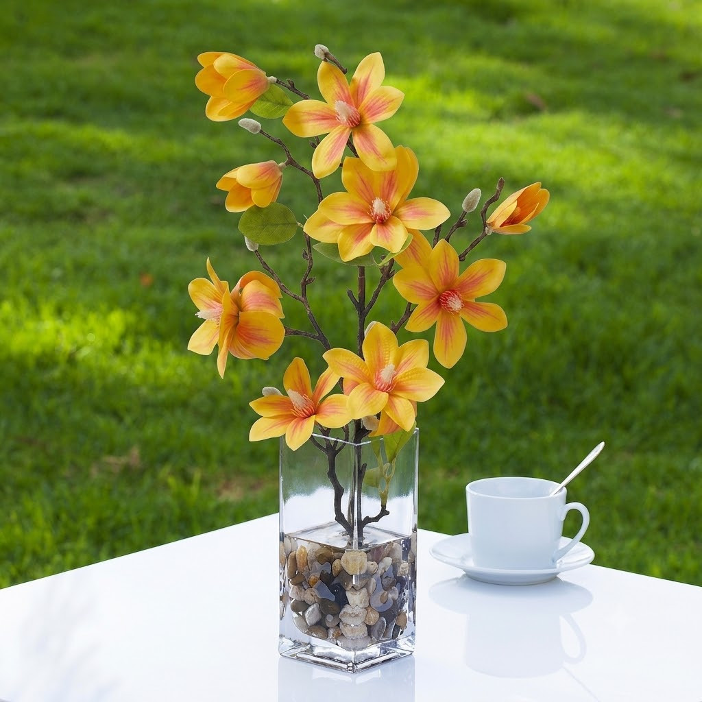 Real Touch Magnolia Flower Arrangement in Glass Vase with Faux Water and River Rock