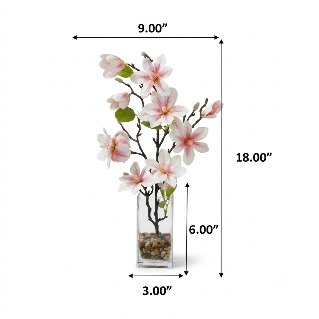 Real Touch Magnolia Flower Arrangement in Glass Vase with Faux Water and River Rock