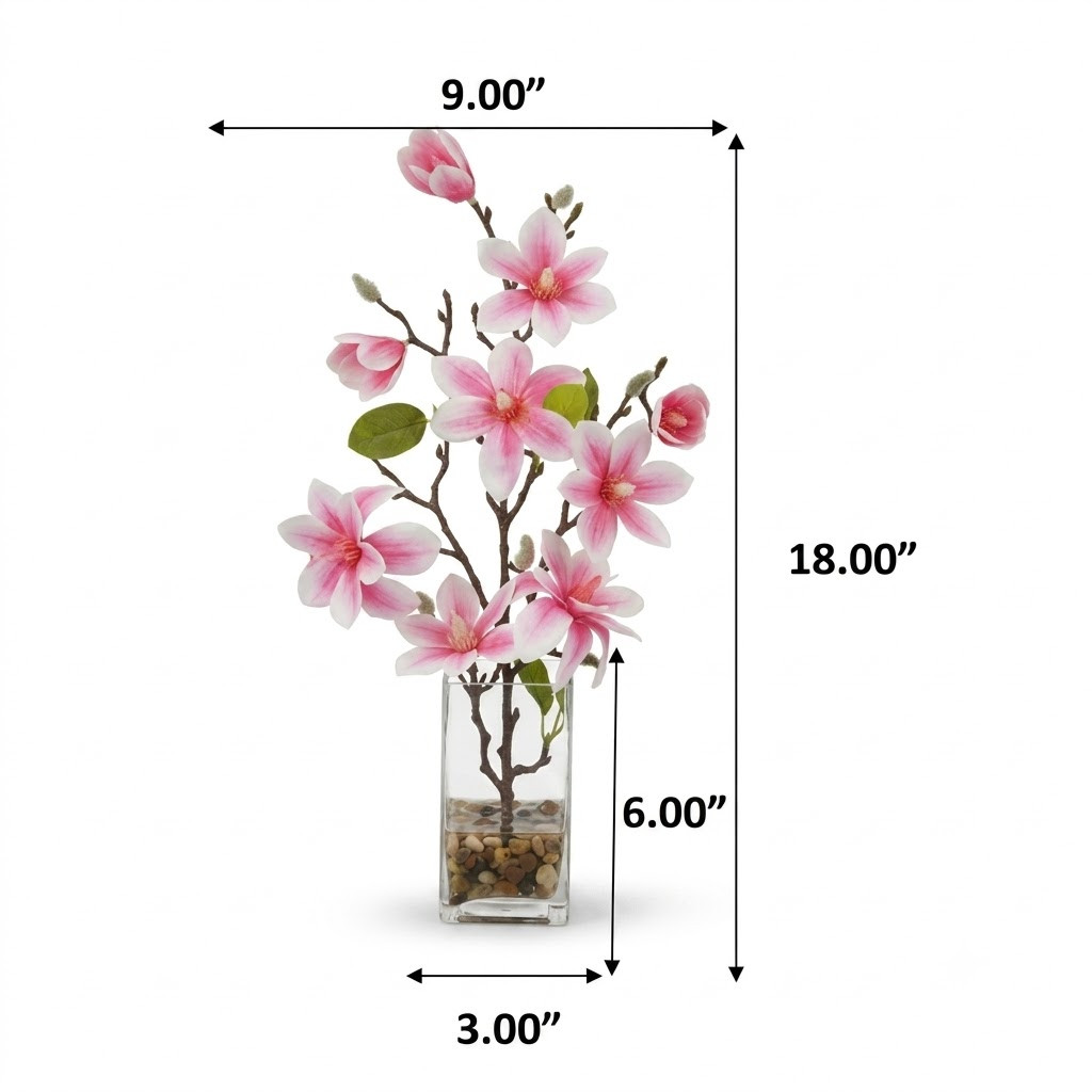 Real Touch Magnolia Flower Arrangement in Glass Vase with Faux Water and River Rock