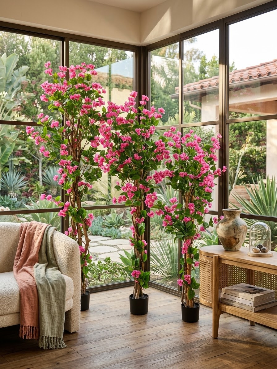 Artificial Bougainvillea Tree in Pot with Natural Trunk for Indoor Home Office Living Room Decor