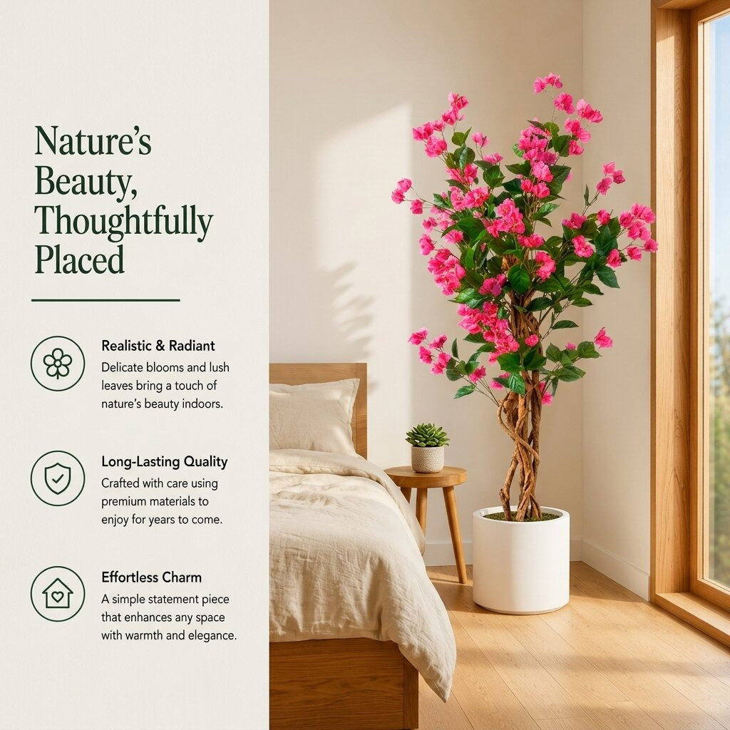 Artificial Bougainvillea Tree in Pot with Natural Trunk for Indoor Home Office Living Room Decor