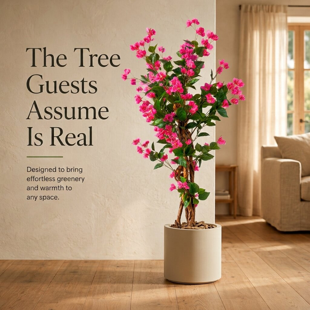 Artificial Bougainvillea Tree in Pot with Natural Trunk for Indoor Home Office Living Room Decor
