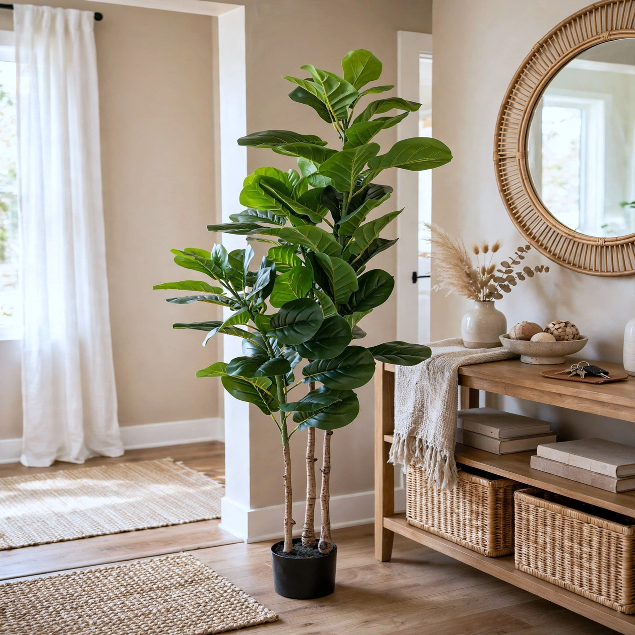 5 FT Faux Fiddle Leaf Fig with Large Glossy Leaves & Natural Triple Trunks in Black Planter
