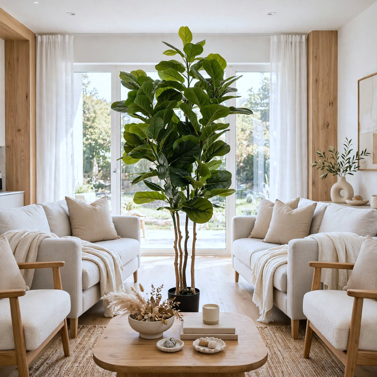 68 inches Faux Fiddle Leaf Fig with Large Glossy Leaves & Natural Triple Trunks in Black Planter