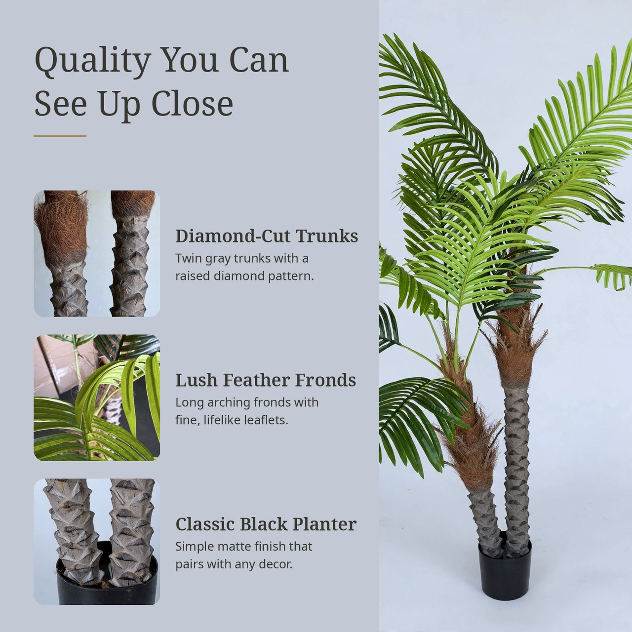 6 FT Faux Phoenix Palm with Lush Feather Fronds & Diamond-Cut Twin Trunks in Black Planter