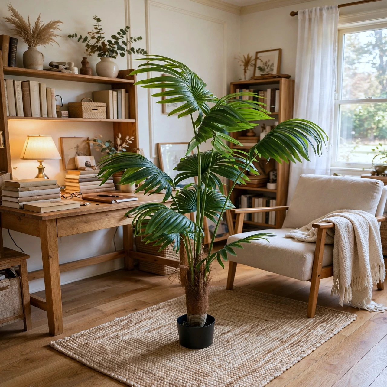 6 FT Faux Fan Palm Tree with Large Round Fan Leaves & Green Segmented Stems in Black Planter