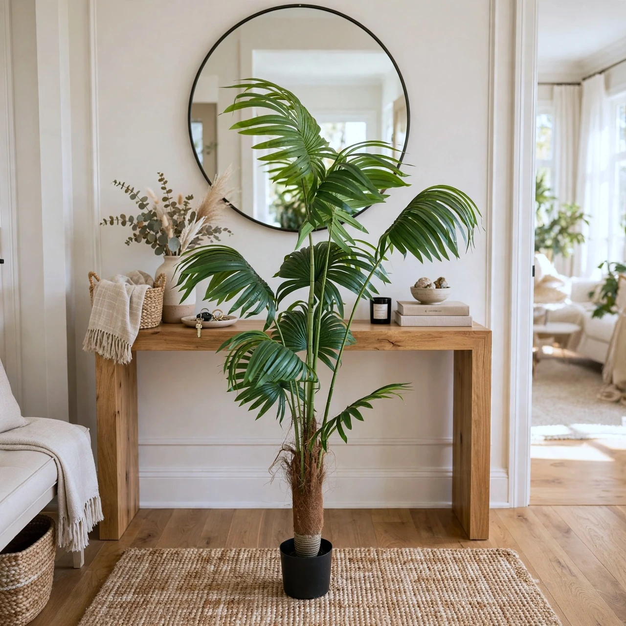 6 FT Faux Fan Palm Tree with Large Round Fan Leaves & Green Segmented Stems in Black Planter