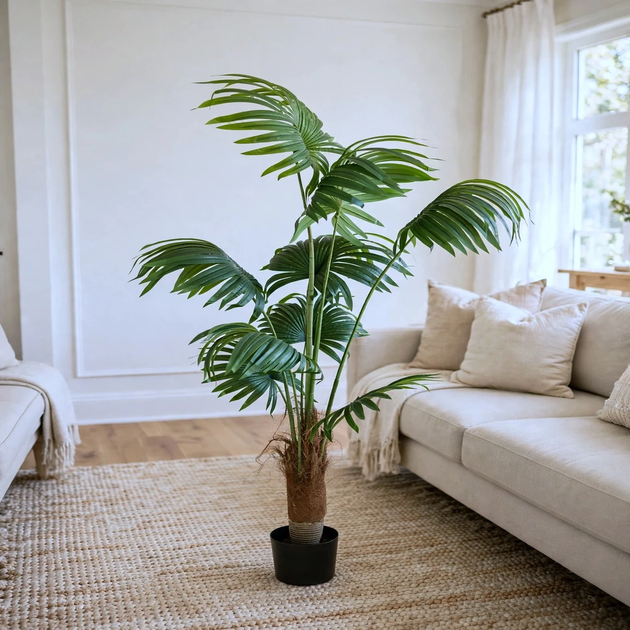 6 FT Faux Fan Palm Tree with Large Round Fan Leaves & Green Segmented Stems in Black Planter