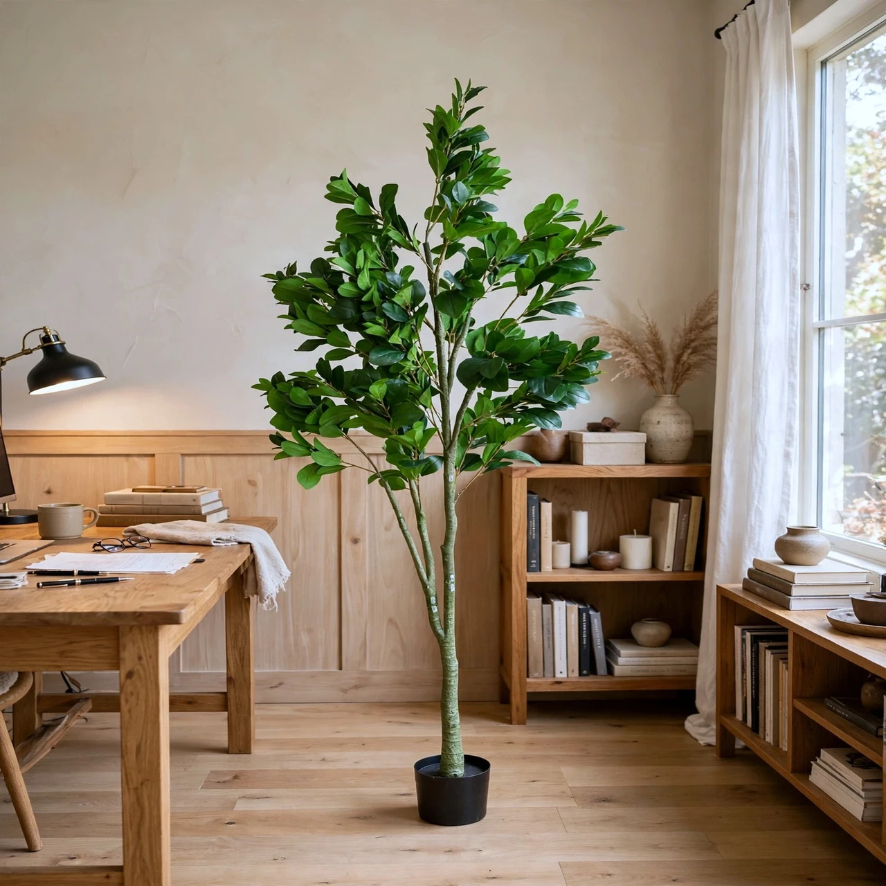 7 FT Artificial Bean Leaf Tree in Black Planter