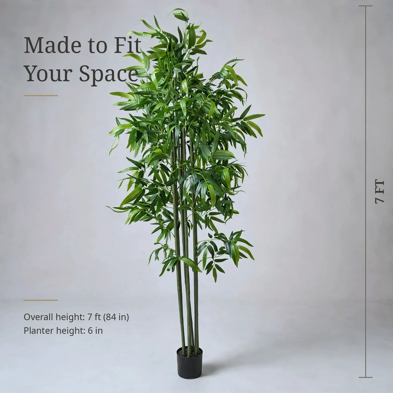 7 FT Faux Bamboo Tree with Green Segmented Canes & Glossy Long Leaves in Black Planter