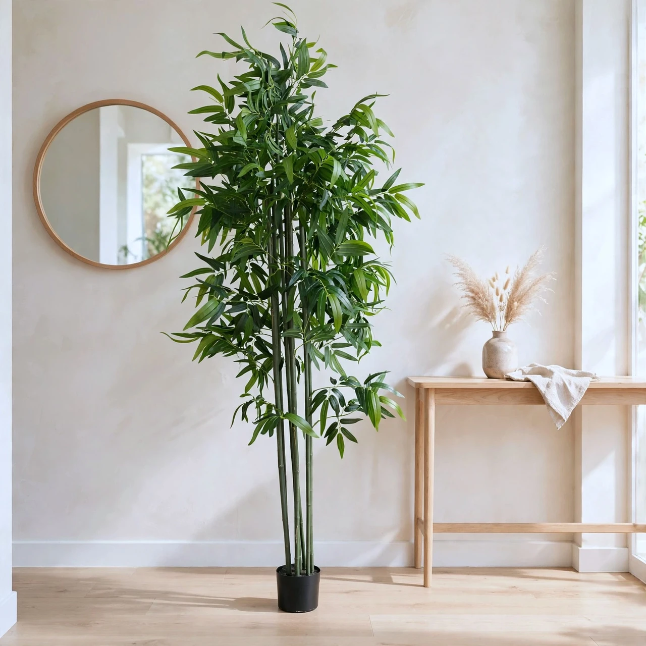 7 FT Faux Bamboo Tree with Green Segmented Canes & Glossy Long Leaves in Black Planter