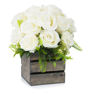 18 Heads Mixed Rose Flower Arrangement With Wood Planter(Cream)