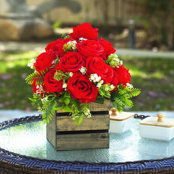 18 Heads Mixed Rose Flower Arrangement With Wood Planter(Red)