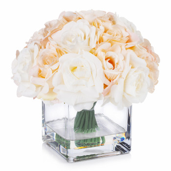 18 Pieces Artificial Roses Flower Arrangement in Cube Glass Vase( Cream Beige)