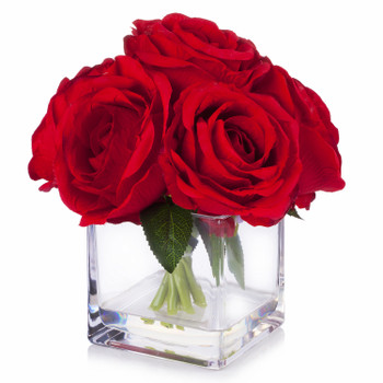 7 Stems Large  Artificial Roses Flower Arrangement in Cube Glass Vase( Red)