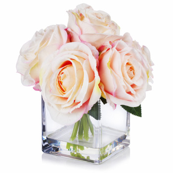 7 Stems Large  Artificial Roses Flower Arrangement in Cube Glass Vase( Blush)