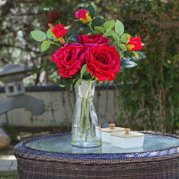 3 Large Stems Artificial Roses Flower in Clear Glass Vase With Faux Water( Red)