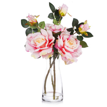 3 Large Stems Artificial Roses Flower in Clear Glass Vase With Faux Water( Pink
