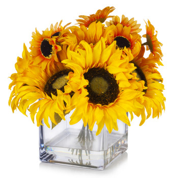 Mixed Artificial Sunflowers Arrangement in Cube Glass Vase