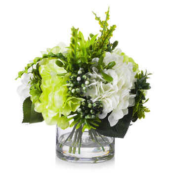 Mixed Artificial Silk Hydrangea Flower Arrangement in Clear Glass Vase
