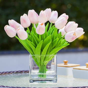 20 Pieces Artificial Real Touch Tulips Flower Arrangement in Cube Glass Vase With Faux Water(Pink)