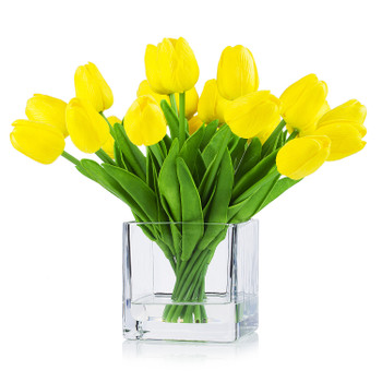 20 Pieces Artificial Real Touch Tulips Flower Arrangement in Cube Glass Vase With Faux Water(Yellow)