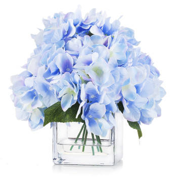 Artificial Silk Hydrangea Flower Arrangement in Cube Glass Vase With Faux Water(Blue)