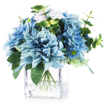 Mixed Artificial Dahlia Flower Arrangement in Cube Glass Vase With Faux Water(Blue)