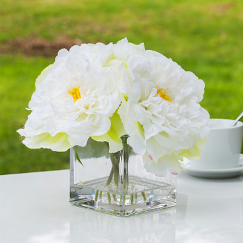 Silk Peony Arrangement in Cube Glass Vase With Faux Water(Cream)