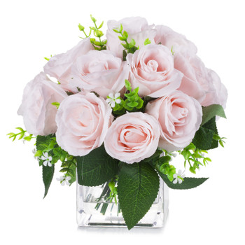 18 Heads Silk Rose Flower Arrangement in Clear Glass Vase with Faux Water(Pink)