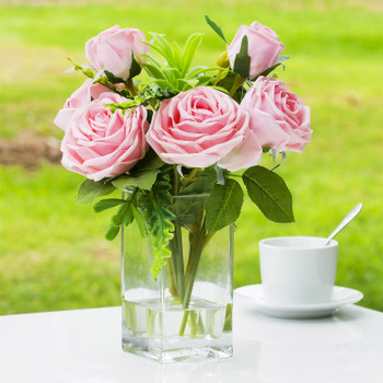 Mixed Artificial Real Touch Rose Flower Arrangement in Clear Glass Vase
