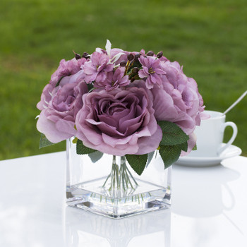 Mixed Artificial Silk  Rose Flower Arrangement in Cube Glass Vase With Faux Water(Purple)