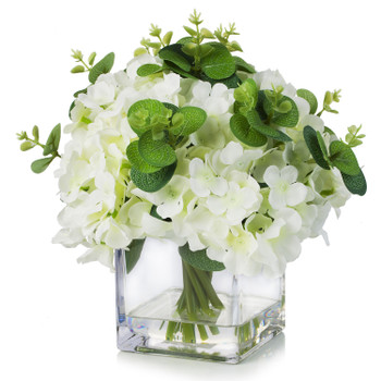 Mixed Artificial Silk Hydrangea Flower Arrangement in Cube Glass Vase With Faux Water(Cream)